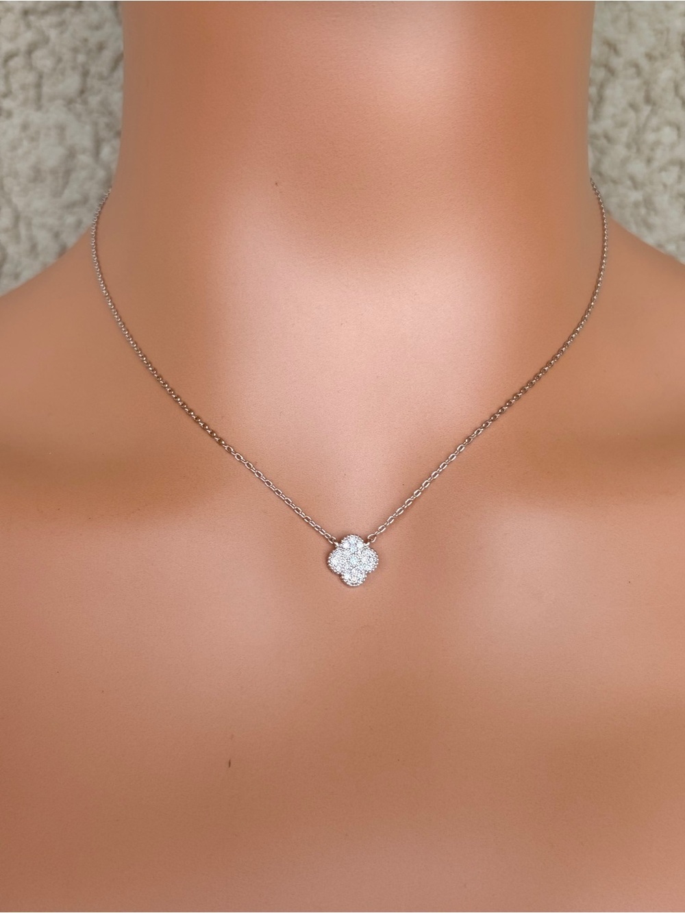 Sparkling White Crystal Clover Pendant Necklace - Women's Silver Tone